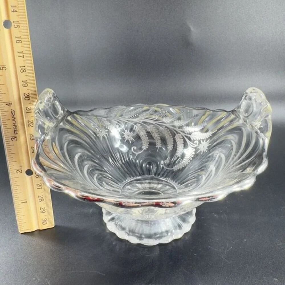 Vintage Cambridge Clear Glass Caprice Bowl Dish Handles‎ Silver Overlay Flower